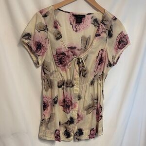 Calvin Klein Jeans 100%Cotton Coquette Cream and Pink Floral Blouse SZ L/G